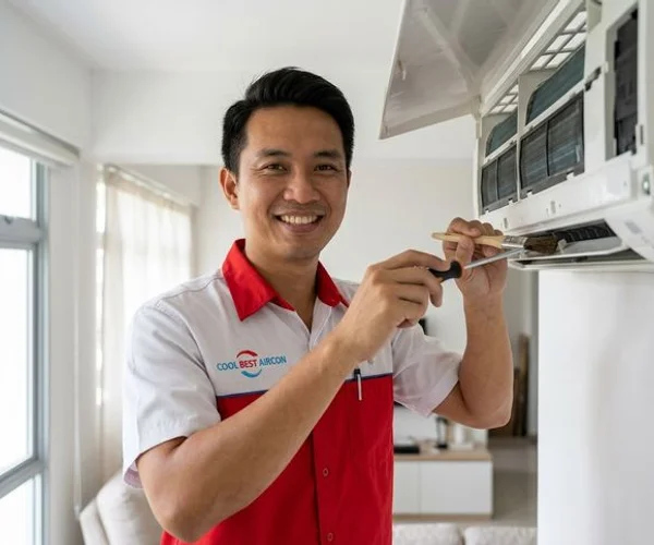 Coolbest Aircon technician servicing a wall-mounted split unit in a Yishun HDB flat