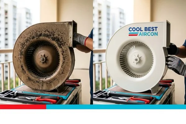 Before and after comparison of dirty vs clean aircon blower fan after chemical wash