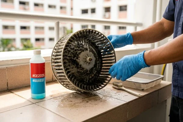Mould-covered blower fan removed for chemical cleaning