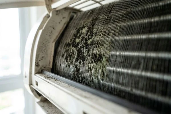 Heavy mould growth on aircon evaporator coil in Singapore HDB unit