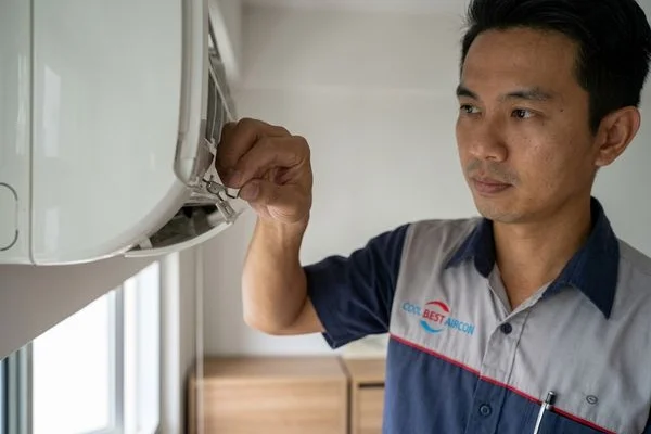 Tightening loose aircon panel and bracket to fix rattling in condo unit