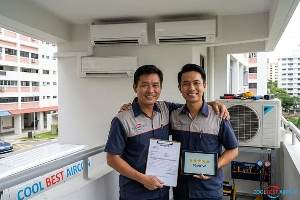 Coolbest Aircon technician completing Daikin System 4 installation in Singapore HDB living room
