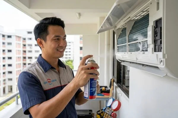 Coolbest Aircon technician applying anti-bacterial treatment to evaporator coil