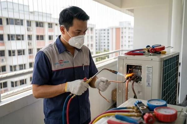 Technician brazing copper pipes during split system aircon installation in Singapore