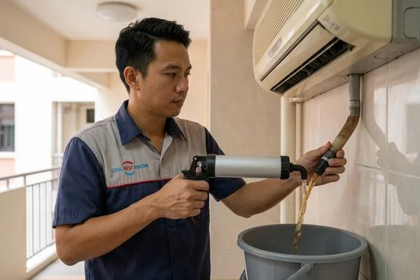 Coolbest Aircon technician flushing aircon drainage pipe to clear blockage
