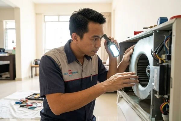 Coolbest Aircon technician inspecting blower fan for dirt causing noise in Singapore HDB