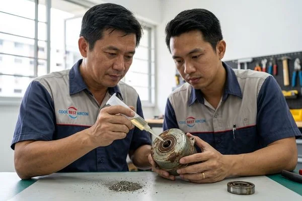 Lubricating fan motor bearing to stop grinding noise