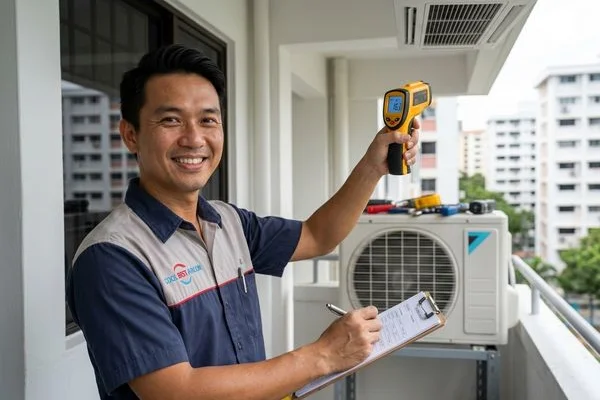 Coolbest Aircon technician measuring outlet temperature to diagnose aircon not cold issue