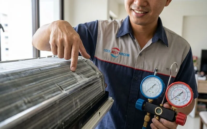 Clean aircon evaporator coils after professional maintenance showing improved cooling performance