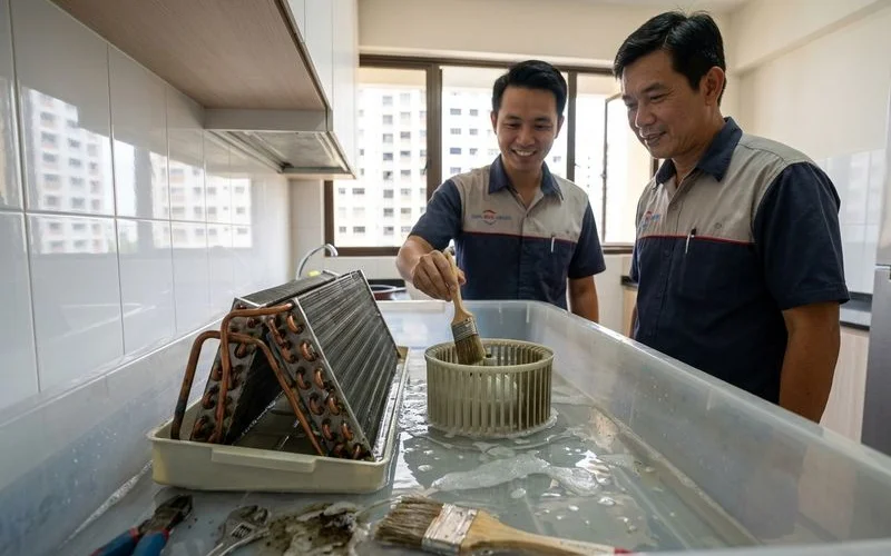 Dismantled aircon indoor unit components soaking in chemical solution during full chemical overhaul