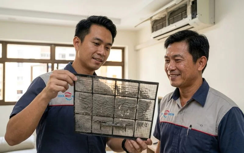 Dirty aircon filter showing dust buildup after months without regular servicing in Singapore