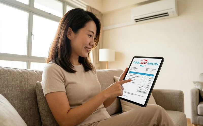 Homeowner reviewing transparent aircon servicing invoice and pricing breakdown