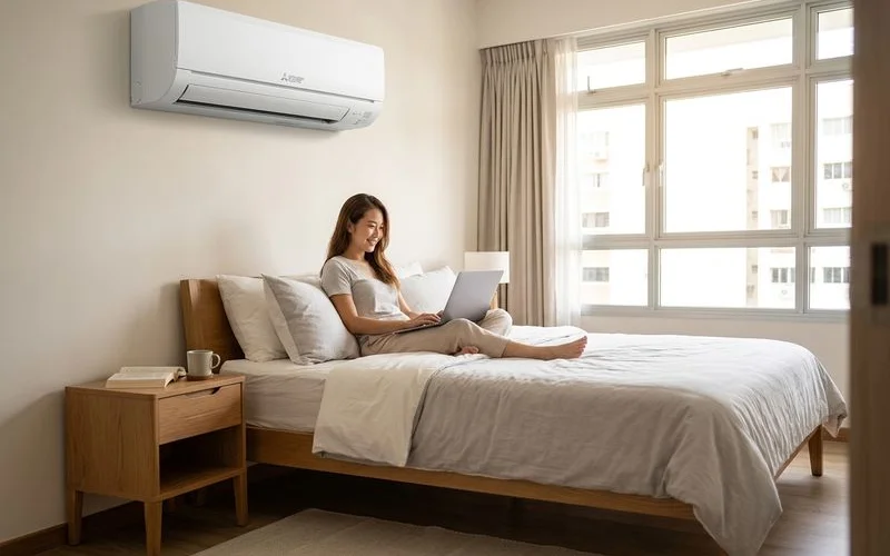 Mitsubishi Electric Starmex series indoor unit installed in HDB bedroom highlighting quiet operation