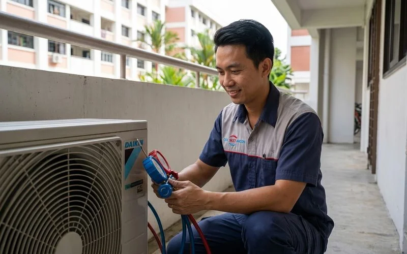 Technician connecting manifold gauge to aircon outdoor unit to check refrigerant gas pressure