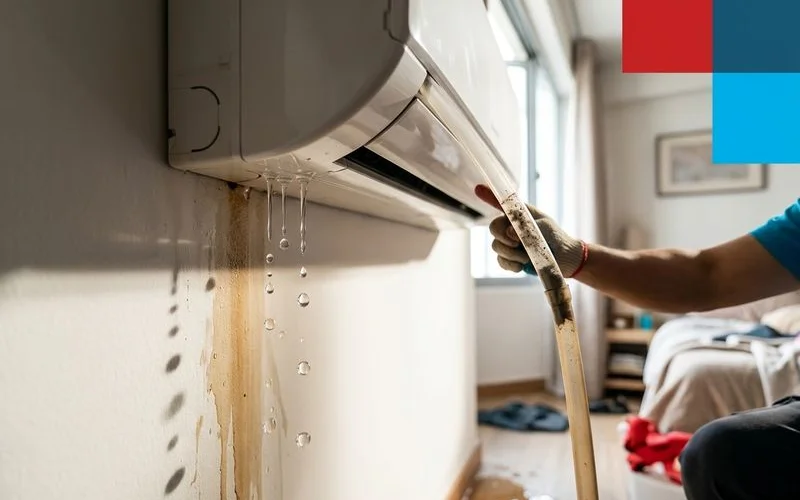Water dripping from aircon indoor unit indicating blocked drainage pipe that needs professional repair